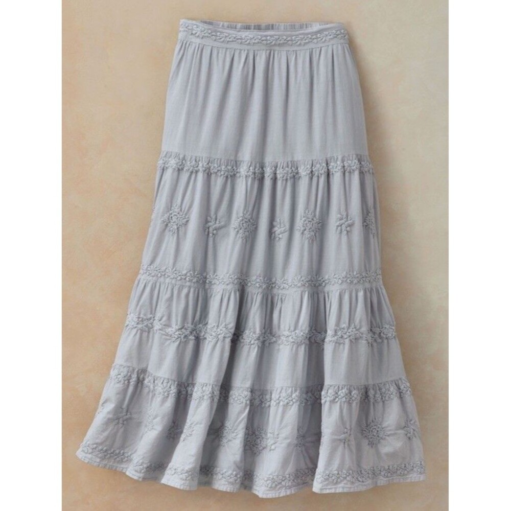 ColdWater Creek Delphine Tiered Maxi Skirt Blue Fog 24533 Boho Floral Women’s PL